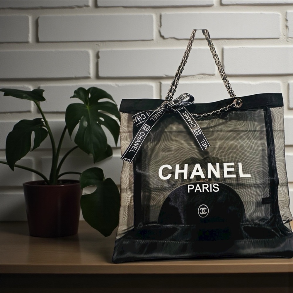 CHANEL Black and White Mesh Tote Bag and Pouch